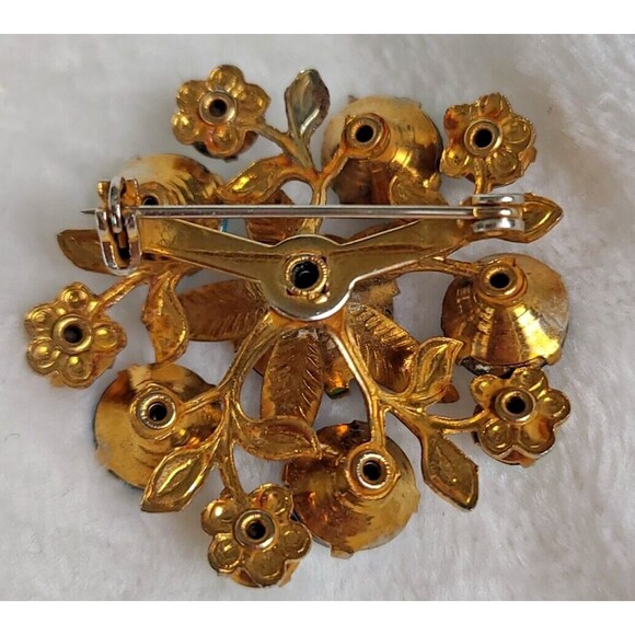 Vintage 3D Flower Brooch – Blue Aurora Borealis Rhinestones 1.5" Goldtone - Picture 2 of 4